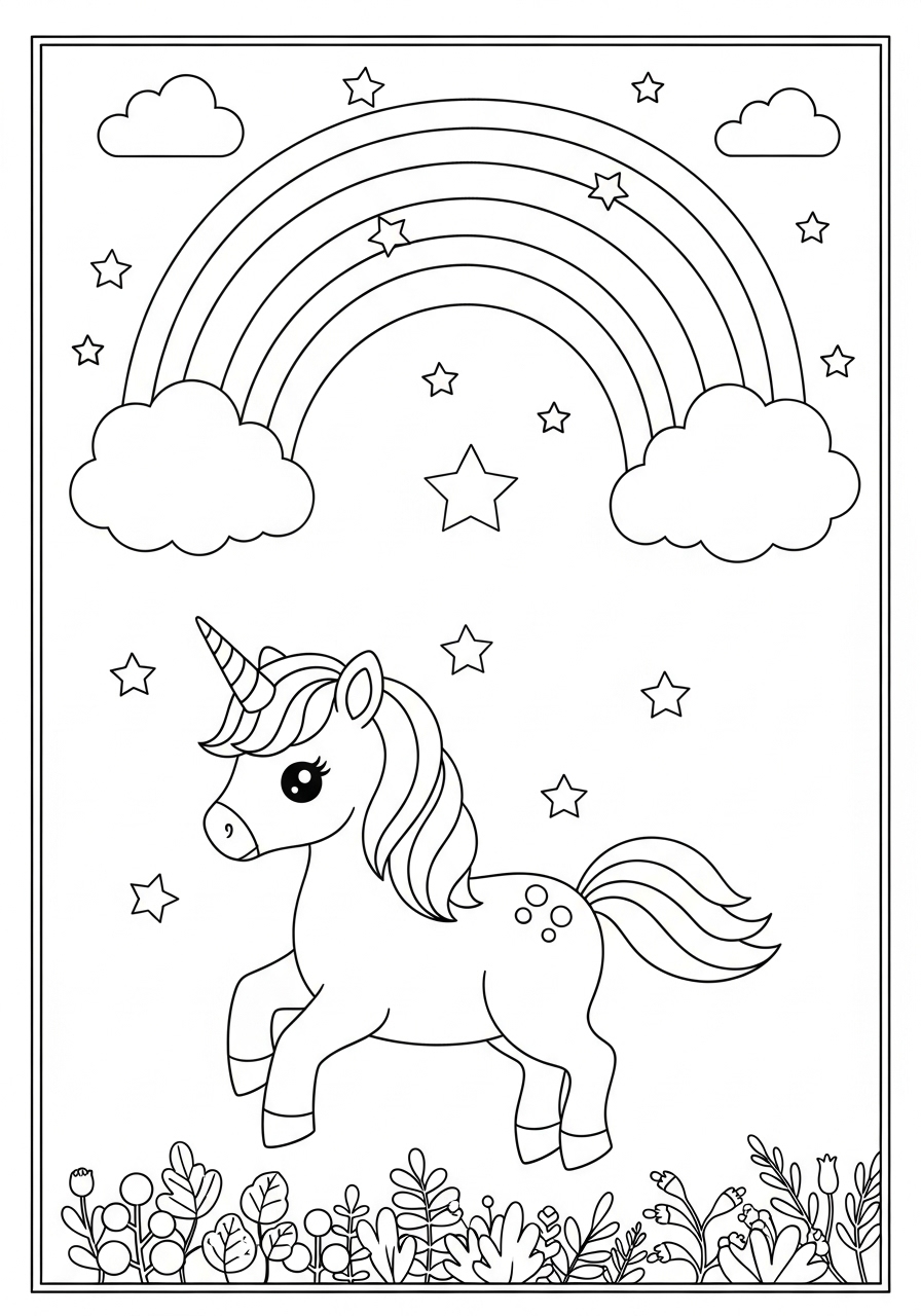 Desenho de Unicórnio com arco-íris para colorir