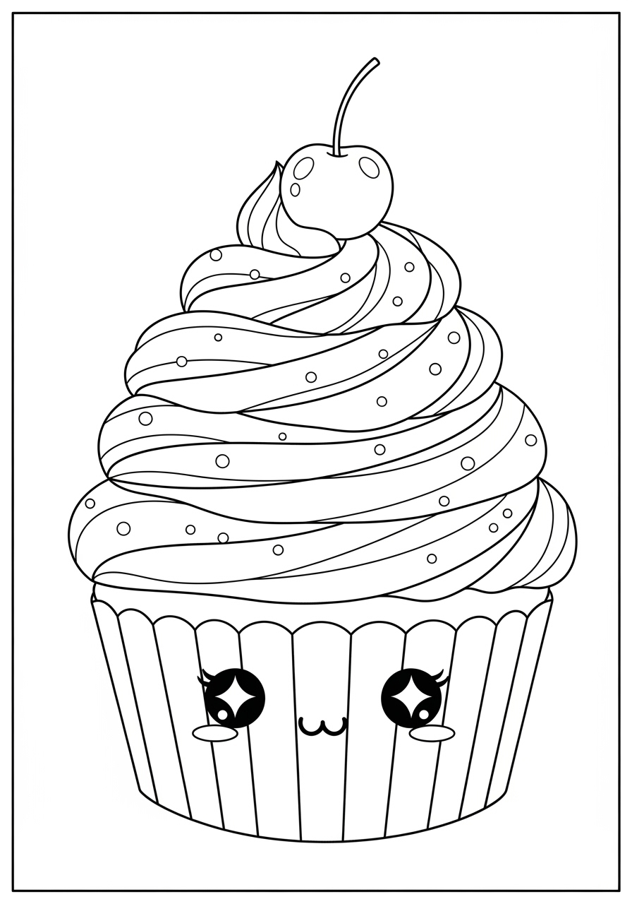 Desenho de cupcake com rosto sorridente para colorir