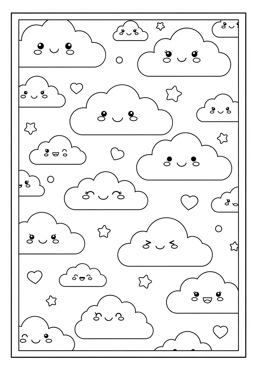 Desenho de nuvens kawaii com rostos sorridentes