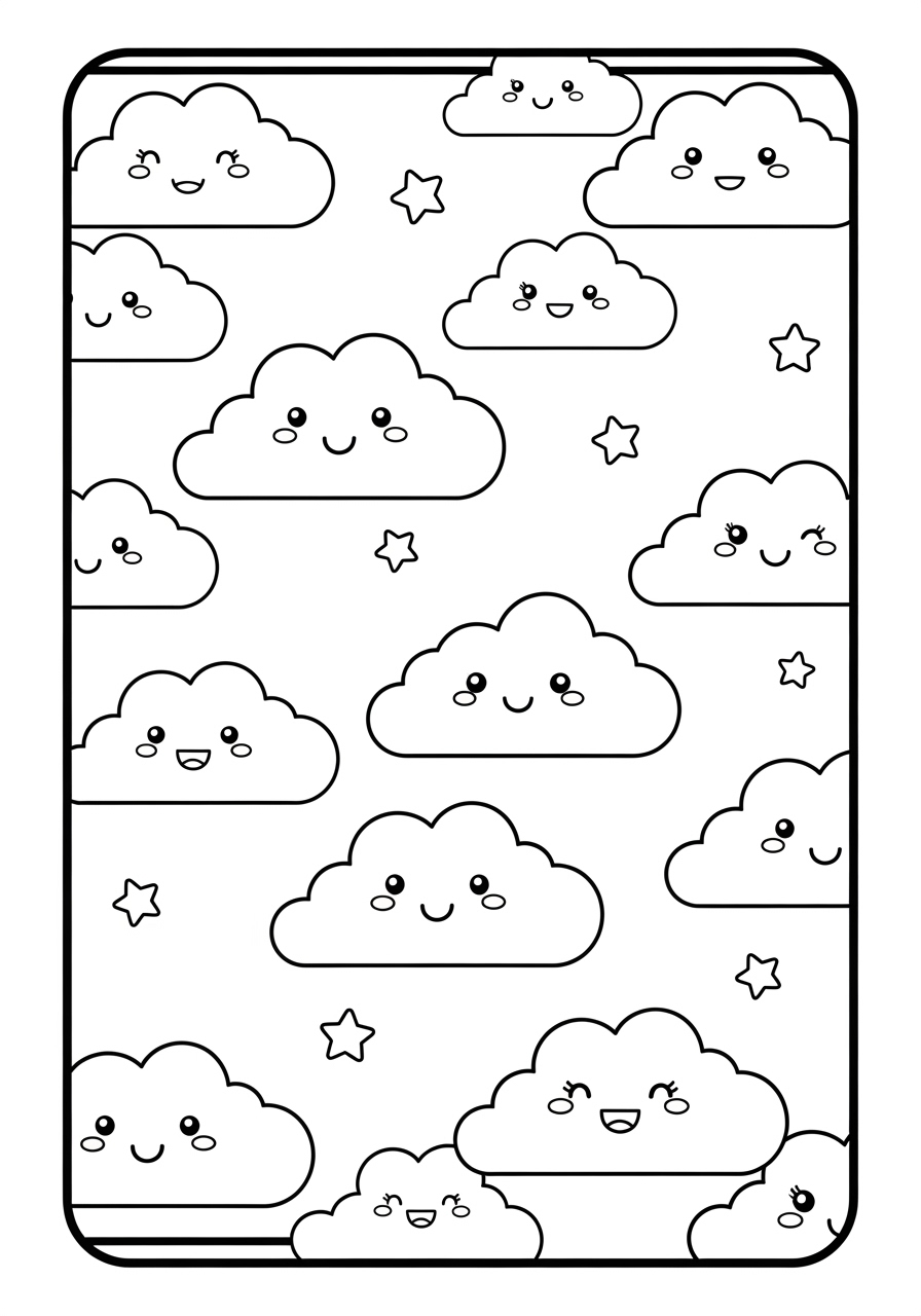 Desenho de nuvens fofinhas com rostos sorridentes