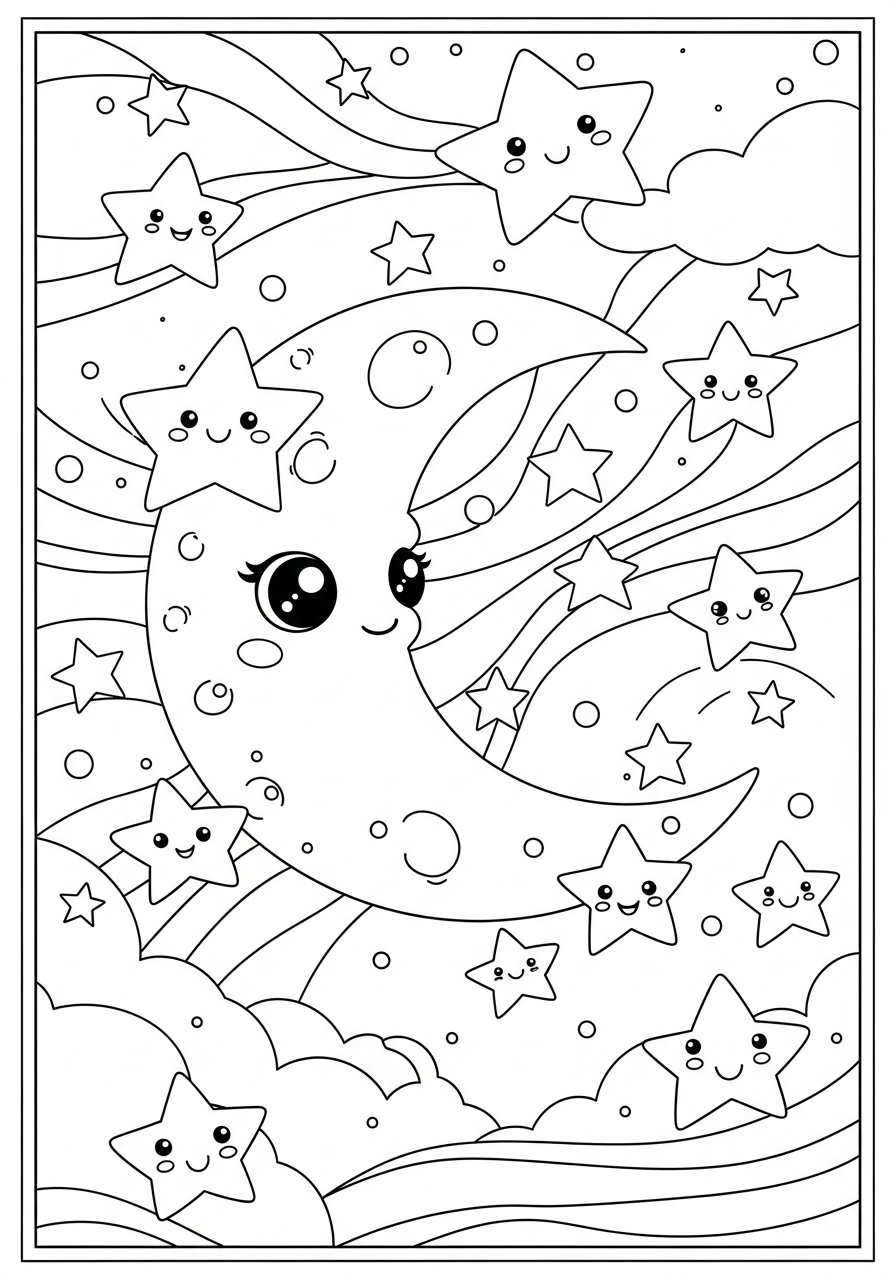 Desenho de Lua sorridente e estrelas para colorir
