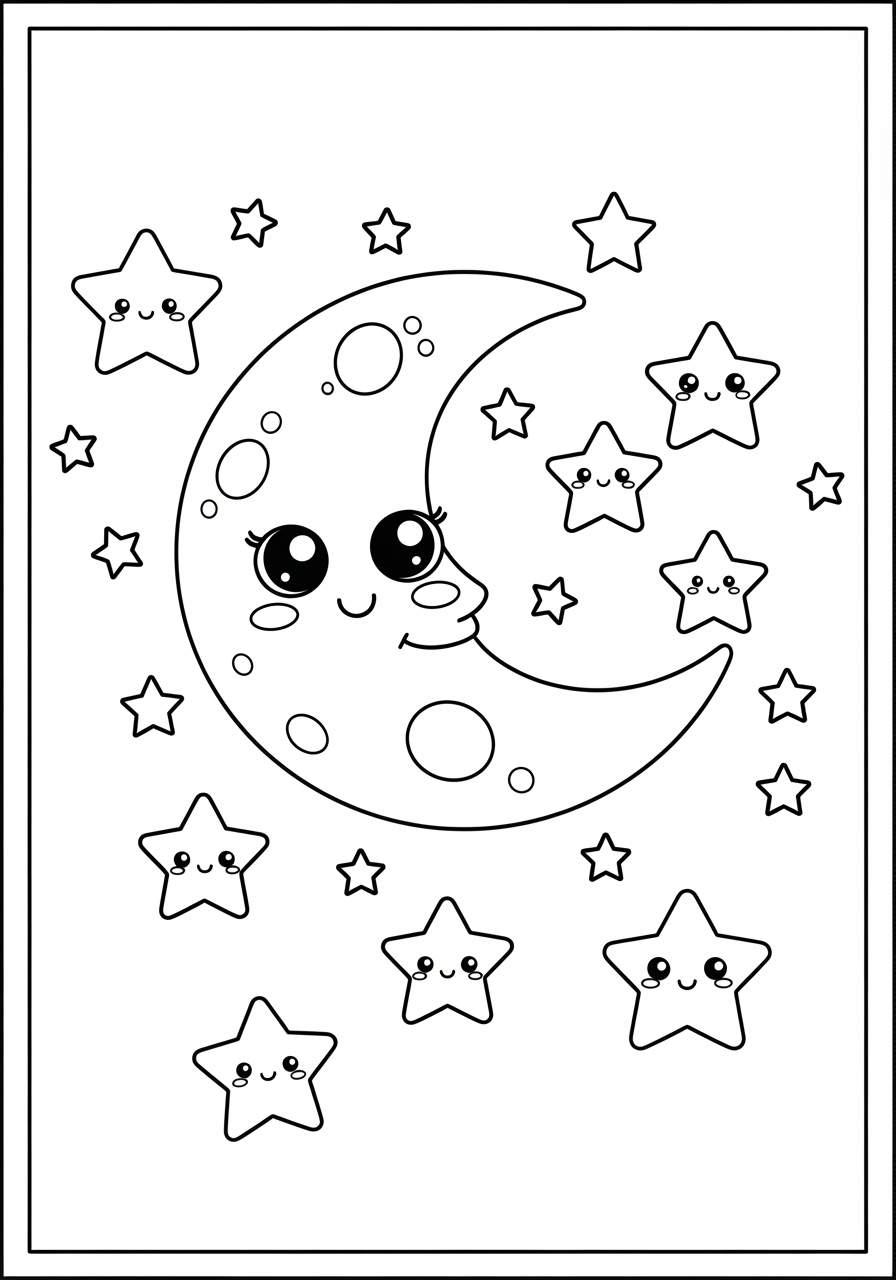Desenho de lua sorridente com estrelas para colorir