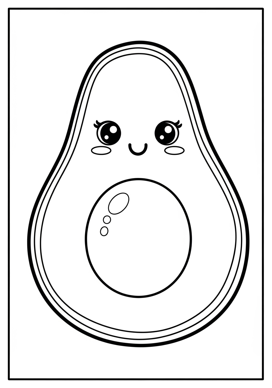 Desenho kawaii de abacate com olhos grandes e sorriso