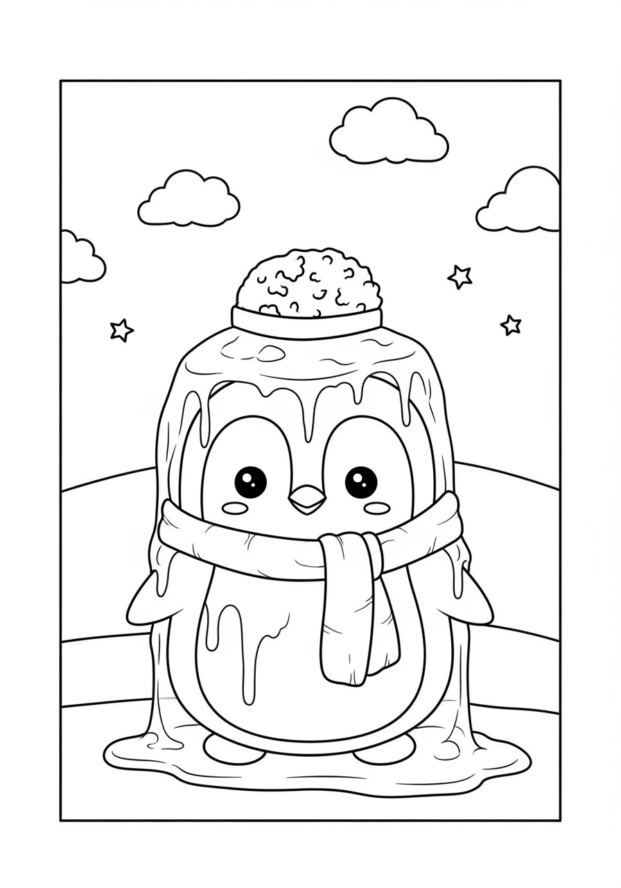 Desenho de Pinguim com sobremesa derretendo para colorir