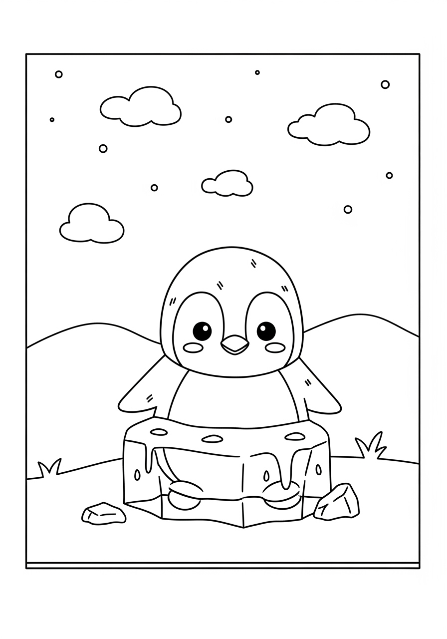 Desenho de Pinguim em um bloco de gelo para colorir