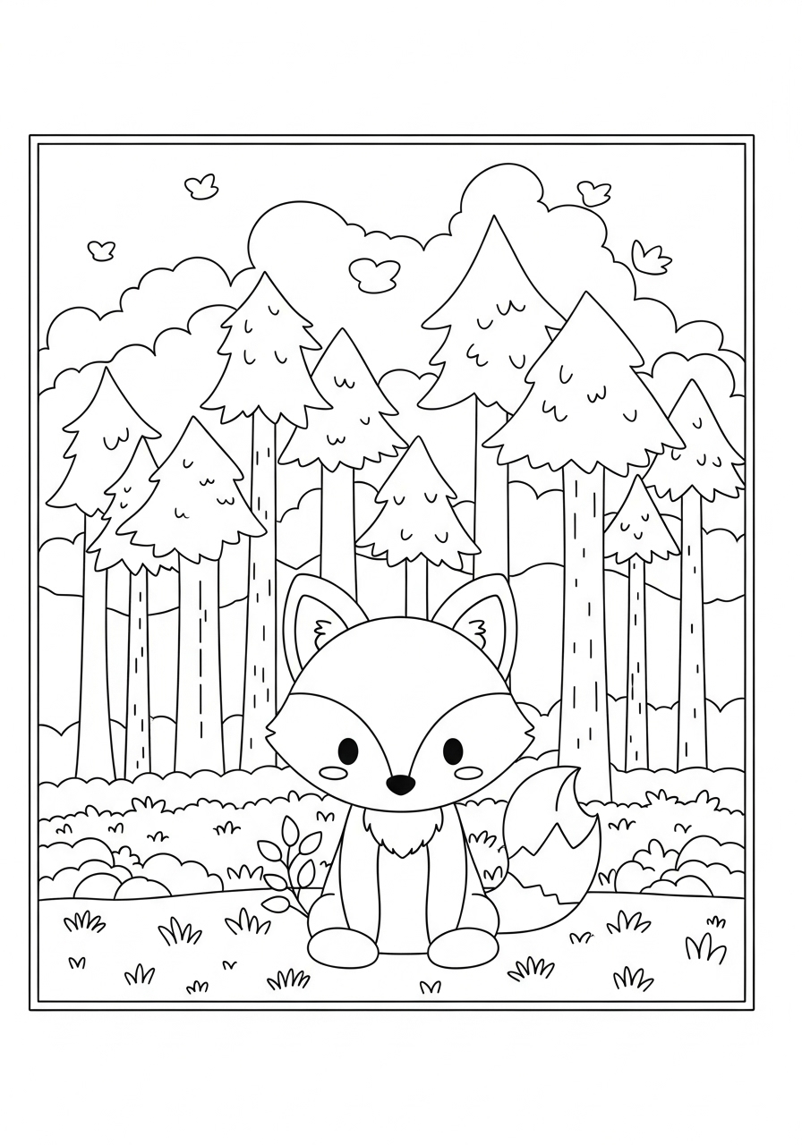 Desenho de raposa em meio à floresta para colorir