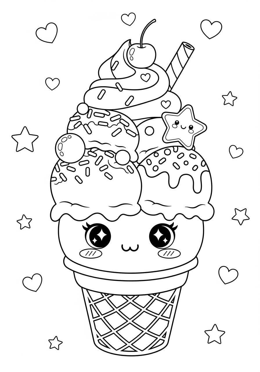 Desenho de sorvete kawaii com corações e estrelas