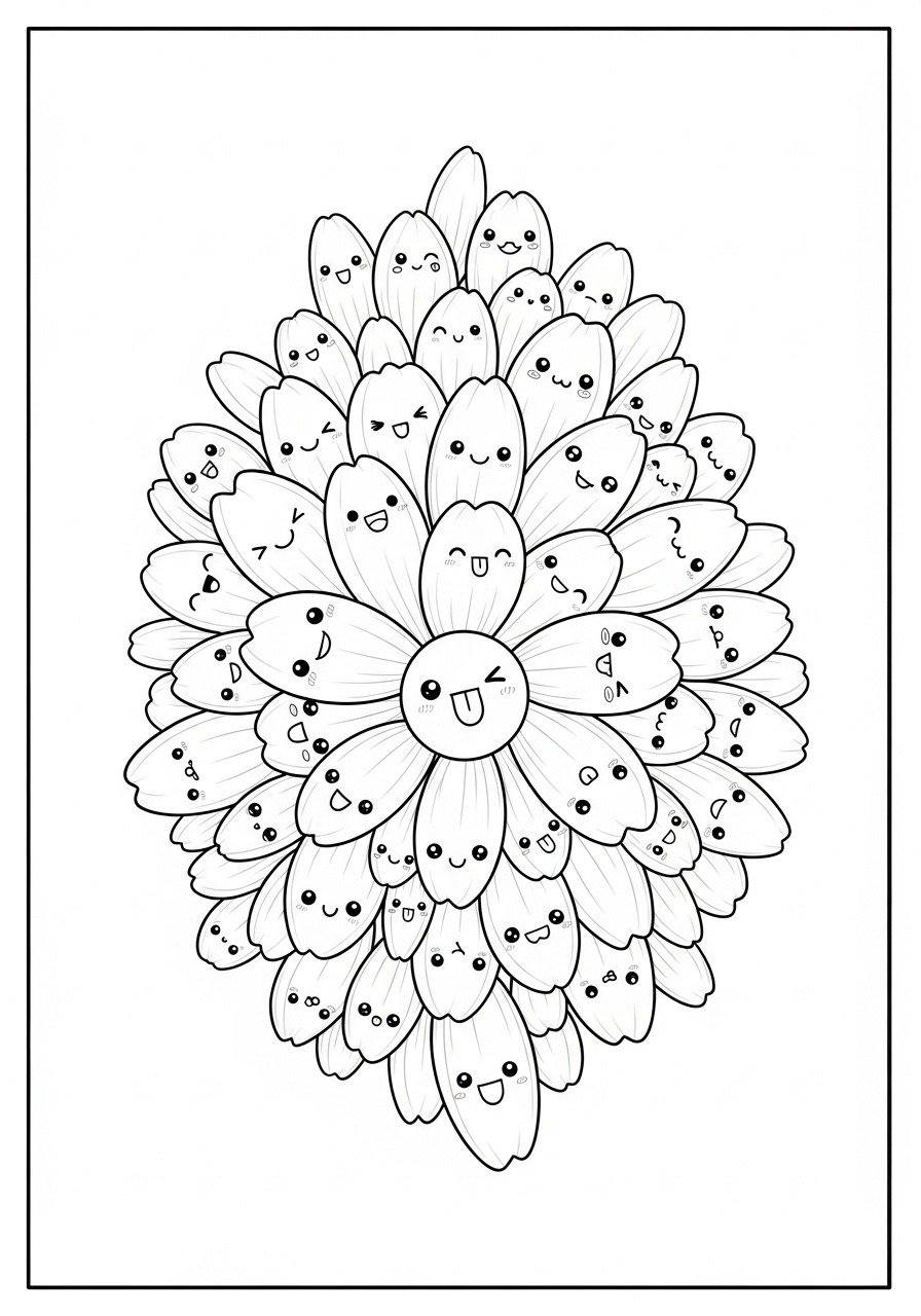 Desenho de flores kawaii com rostinhos sorridentes