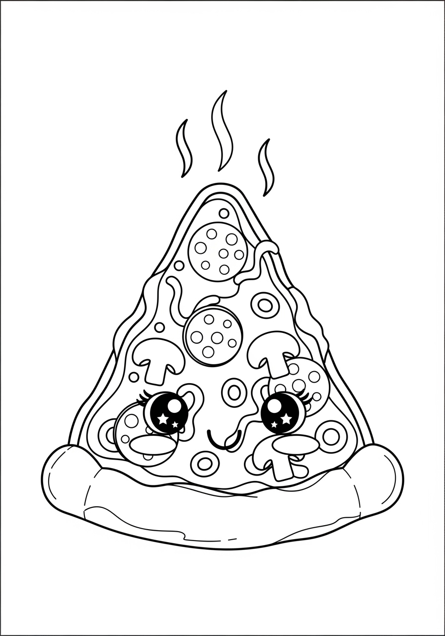 Desenho de pizza kawaii com olhos grandes e recheio variado