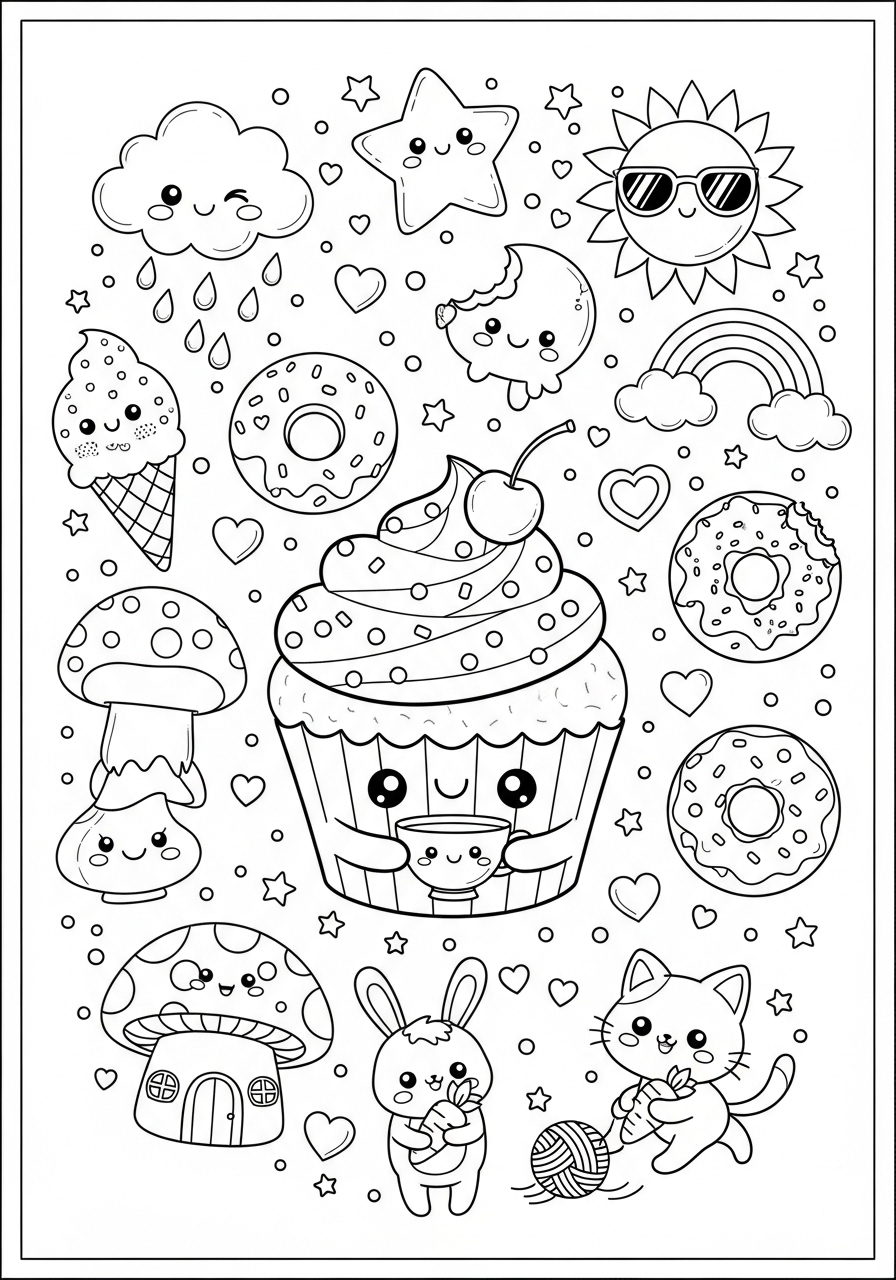 Desenho de elementos kawaii como animais e doces