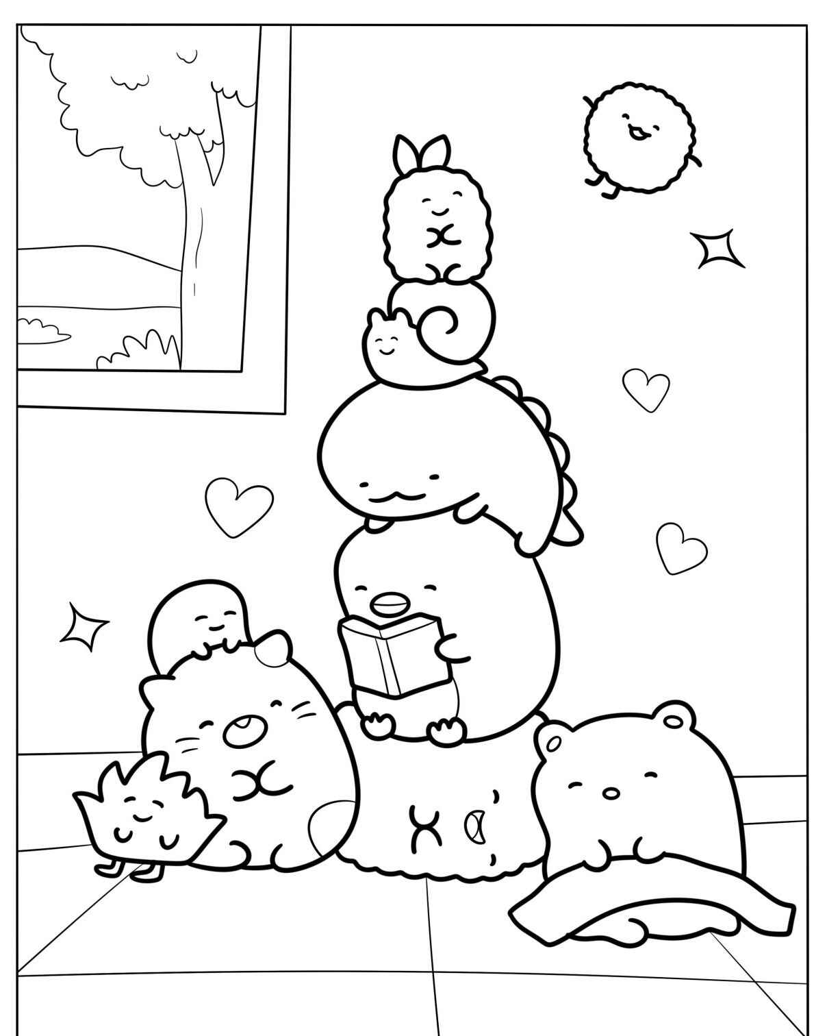 Desenho de personagens fofos empilhados para colorir