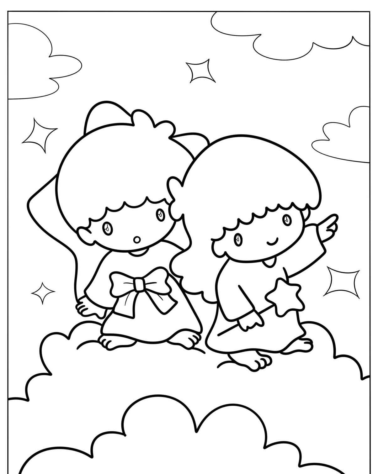 Desenho kawaii de duas meninas em nuvens para colorir